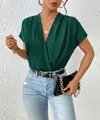 Elegant dark green V-neck wrap bodysuit with short cap sleeves and pleated texture - S / Dark Green