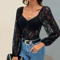 Slim fit black lace bodysuit with heart neckline and floral long sleeves for women - Black