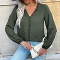 Women's V-neck dark green jacquard shirt with lace trim and long sleeves streetwear - S / Army Green