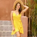 Summer yellow polka dot wrap dress with V-neck and ruffles for beach vacation - S / Yellow