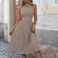Brown and white geometric print halter neck maxi dress with high waist and sleeveless cut - XL / Khaki
