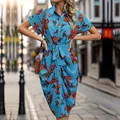 Short sleeve shirt dress in navy blue with orange floral print and tie waist belt - S / Blue