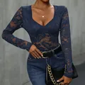 Navy blue lace long sleeve bodysuit featuring a deep V-neck and slim fit for women - Navy Blue