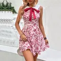 Pink sleeveless summer dress with pomegranate print and white Peter Pan collar - S / Burgundy