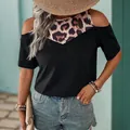 Damen T-Shirt in Schwarz mit Cold-Shoulder-Design und Herz-Leopardenmuster-Patchwork - S / Schwarz