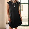 Vestido Henley negro sin mangas con botones de madera y detalles de encaje - S / Negro