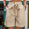Women's casual beige high-waisted cotton shorts with a tie belt and side pockets - S / Apricot