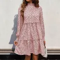 Elegant mauve leopard print long sleeve tiered midi dress with high neck and ruffle detail - Lotus root pink