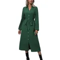 Abito midi elegante verde scuro a maniche lunghe con bottoni, cintura e maniche a lanterna - Taglia S / Verde Scuro