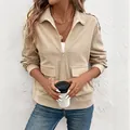 Women casual textured beige zip jacket with lapel collar and chest pockets style - S / Khaki