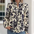 Elegante camicetta vintage con stampa floreale da donna con colletto alla coreana e scollo a V - Taglia S / Blu Notte