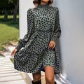 Olive green floral mini dress with lantern sleeves and ruffled hem details - Green