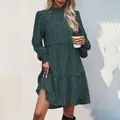 Women's dark green floral tiered long sleeve dress with elastic high neck detail - Dark Green