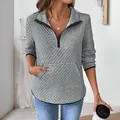 Women's grey waffle knit quarter-zip sweatshirt with diamond texture and front pocket - S / Light Gray