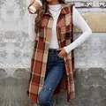 Gilet long sans manches à carreaux orange et marron avec col à revers et poches - S / Orange Kaki