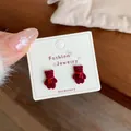 Cute teddy bear stud earrings in wine red velvet finish with cozy scarf detail - Wine Red Bear (Red Scarf)