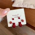 Three-piece red flocked bear and round stud earring set for winter season - Red Swirl Bear Earring Set
