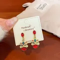Golden Chinese lion dance drop earrings with red faceted stones and colorful enamel - LIN13 Gemstone Red Lion Dance