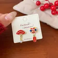 Asymmetric New Year lion dance and red fan stud earrings with festive pearls - XST5 Lion Dance Folding Fan Pendant