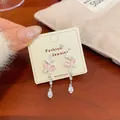 Pink cat eye stone butterfly drop earrings with long tassel and zircon accents - Butterfly Cat Eye Pendant Style (HDW001) / Pink