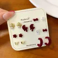 Autumn winter red flocked heart butterfly earring set with pearls and gold accents - Seven Pair Pack / Red Star Moon C-Shape Style