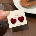 Deep red heart-shaped earrings with velvet flocking texture and cross star design - HSR01 Red Flocked Heart