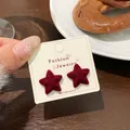 Elegant deep red flocked star earrings with a double-layered velvet matte texture - HSR02 Red Flocked Five-pointed Star