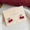Festive red flocked cherry earrings with sparkling marquise rhinestones and gold stems - Red Cherry (WJ7)