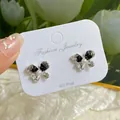 Silver bow butterfly earrings with gradient crystals and white pearls on 925 post card - Butterfly with Pearl / Black Crystal Butterfly