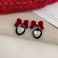 Red velvet bow earrings with a faceted heart-shaped gemstone in a vintage style - Girly Bowknot (FR18)