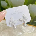 Elegant gradient crystal butterfly earrings with 925 silver post and pearl pendant - Double Butterfly Pearl