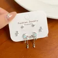 Three-piece silver star and moon earring set with light blue stones and zircon - Star Moon Long Tassel Combination