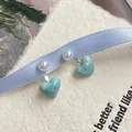 Blue marble heart earrings with pearls and silver posts for women on light blue ribbon - Heart Pearl Earrings / Light Blue