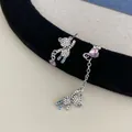 Asymmetric silver bear stud earrings with blue and white crystals and pink hearts - Pink Heart Bear / Flying Bear Pendant