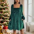 Dark green velvet dress with square neckline and pleated texture for holiday wear - S / Dark Green