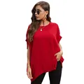 Κόκκινο φαρδύ T-shirt με στρογγυλή λαιμόκοψη και ασύμμετρο στρίφωμα για casual στυλ - Ένα μέγεθος / Κόκκινο