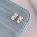 Silver ballet slipper stud earrings with micro zircon insets on blue velvet - Ballet Flat Shoes