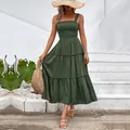 Dark green smocked sleeveless tiered midi dress for women bohemian summer style - S / Green