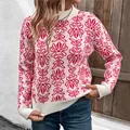 Maglione in maglia jacquard floreale rosa e bianco con collo a lupetto per l'autunno - Taglia S / Rosso