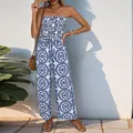 Mono palabra de honor con estampado geométrico azul, cordón y pernera ancha fluida - S / Azul