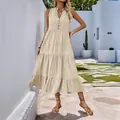 Apricot sleeveless tiered maxi dress with button V-neck and pleated linen texture - S / Tops / Apricot