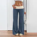 Pantalon large bleu-gris pour femme avec taille contrastée beige chic - S / Bleu Abricot