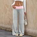 Women's wide-leg yoga pants in grey with a contrasting pink fold-over low waistband - S / Light Gray