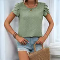 Blusa de mujer verde claro con puntos suizos, mangas abullonadas y cuello redondo - S / Verde Menta
