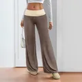 Women's low waist wide leg pants in brown and cream featuring a fold-over waistband - XS / Mocha Brown