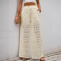 Beige Spitzenhose mit hohem Bund, weitem Bein und geometrischem Durchbruchmuster für Damen - S / Aprikose