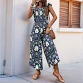 Bohemian dark blue floral print wide-leg jumpsuit with vintage pattern for summer style - Navy Blue