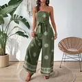 Dark green strapless wide-leg jumpsuit featuring white mandala floral prints and belt - S / Green
