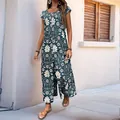 Bohemian forest green jumpsuit with white floral print and elegant wide-leg silhouette - Dark Gray