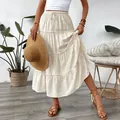 Women's cream bohemian tiered high-waist maxi skirt with elastic drawstring waist - XS / White